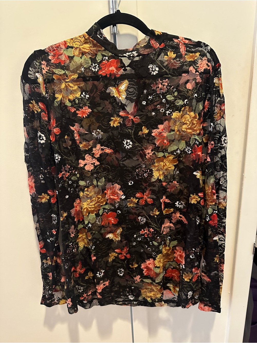 Floral Sheer Black Long-Sleeve Women's Top